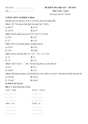 Đề kiểm tra học kì 1 môn Toán Lớp 5 - Đề 9 (Có đáp án)