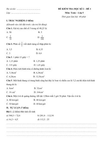 Đề kiểm tra học kì 2 môn Toán Lớp 5 - Đề 1 (Có đáp án)