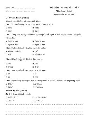 Đề kiểm tra học kì 2 môn Toán Lớp 5 - Đề 3 (Có đáp án)