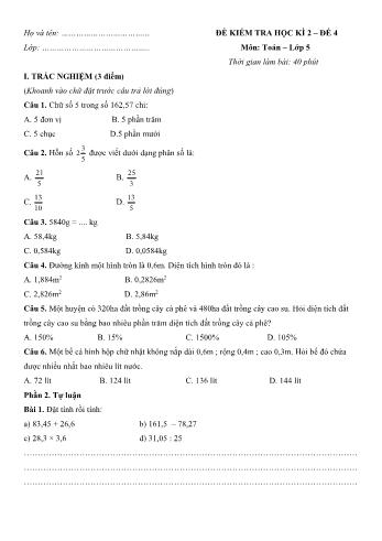 Đề kiểm tra học kì 2 môn Toán Lớp 5 - Đề 4 (Có đáp án)