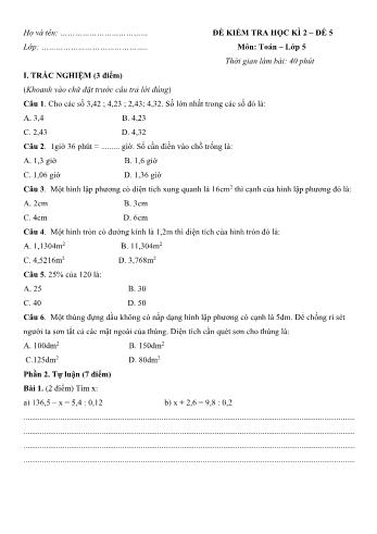 Đề kiểm tra học kì 2 môn Toán Lớp 5 - Đề 5 (Có đáp án)
