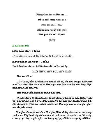 Đề thi chất lượng giữa kì 1 môn Tiếng Việt Lớp 5 - Năm học 2021-2022 - Đề 5 (Có đáp án)
