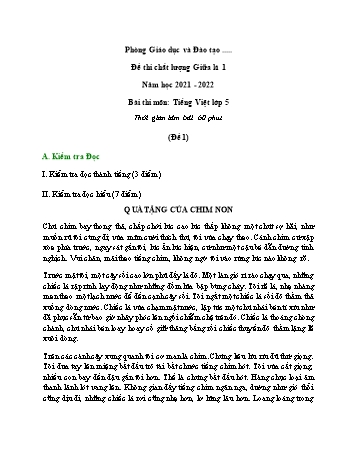 Đề thi chất lượng giữa kì 1 môn Tiếng Việt Lớp 5 - Năm học 2021-2022 - Đề 1 (Có đáp án)