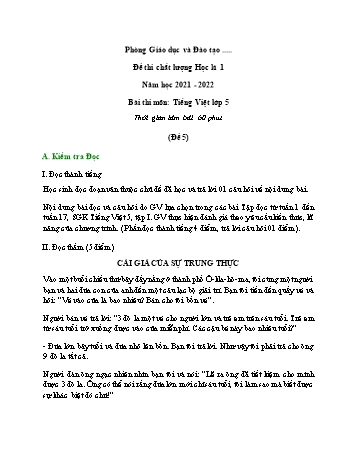 Đề thi chất lượng học kì 1 môn Tiếng Việt Lớp 5 - Năm học 2021-2022 - Đề 5 (Có đáp án)