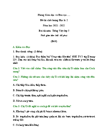 Đề thi chất lượng học kì 2 môn Tiếng Việt Lớp 5 - Năm học 2021-2022 - Đề 9 (Có đáp án)