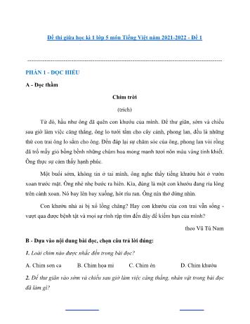 Đề thi giữa học kì 1 môn Tiếng Việt Lớp 5 - Năm học 2021-2022 - Đề 1