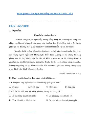 Đề thi giữa học kì 1 môn Tiếng Việt Lớp 5 - Năm học 2021-2022 - Đề 2
