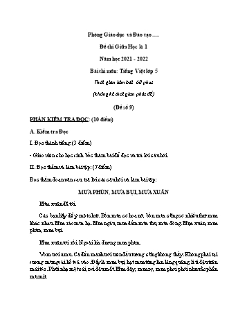 Đề thi giữa học kì 1 môn Tiếng Việt Lớp 5 - Năm học 2021-2022 - Đề 9 (Có đáp án)