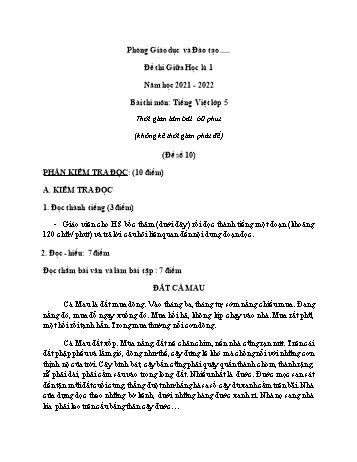 Đề thi giữa học kì 1 môn Tiếng Việt Lớp 5 - Năm học 2021-2022 - Đề 10 (Có đáp án)