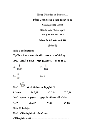 Đề thi giữa học kì 1 môn Toán Lớp 5 - Năm học 2021-2022 - Đề 1 (Có đáp án)