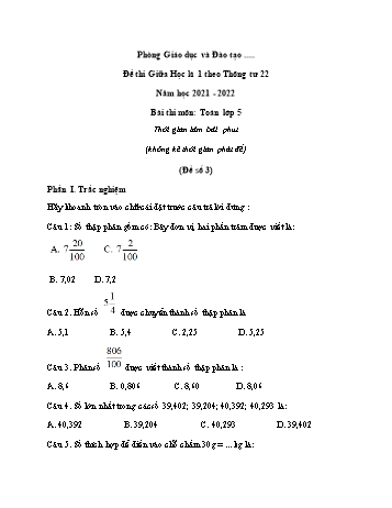 Đề thi giữa học kì 1 môn Toán Lớp 5 - Năm học 2021-2022 - Đề 3 (Có đáp án)