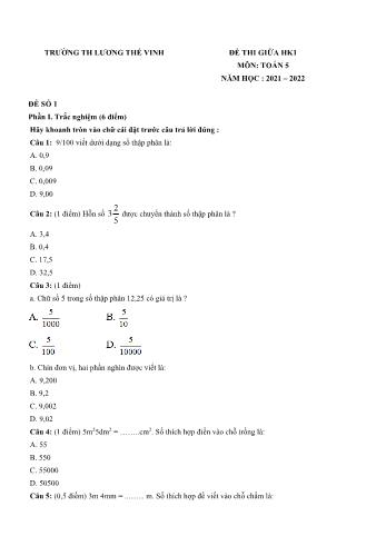 Đề thi giữa học kì 1 môn Toán Lớp 5 - Năm học 2021-2022 - Trường Tiểu học Lương Thế Vinh (Có đáp án)
