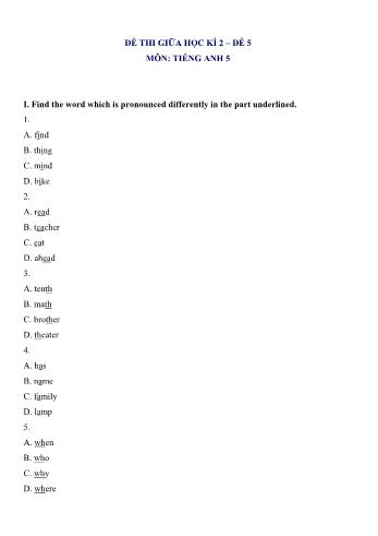 Đề thi giữa học kì 2 môn Tiếng Anh Lớp 5 - Đề 5 (Có đáp án)