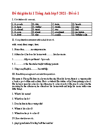 Đề thi giữa kì 1 môn Tiếng Anh Lớp 5 - Năm học 2021-2022 (Có đáp án)