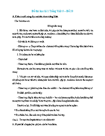 Đề thi học kì 1 môn Tiếng Việt Lớp 5 - Đề số 20 (Có đáp án)