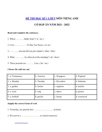 Đề thi số 2 học kì 1 môn Tiếng Anh Lớp 5 - Năm học 2021-2022 (Có đáp án)