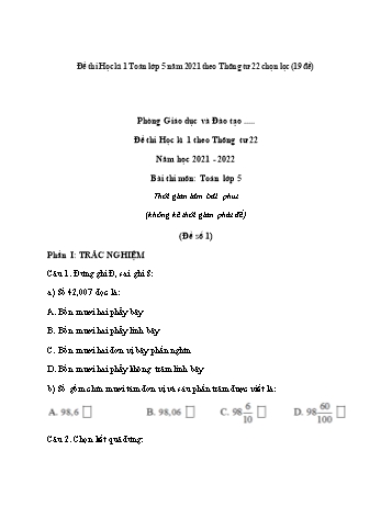 Tổng hợp 19 đề thi học kì 1 môn Toán Lớp 5 - Năm học 2021-2022