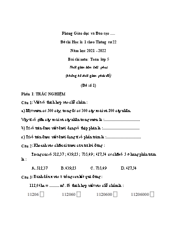 Tuyển tập 15 đề thi học kì 1 môn Toán Lớp 5 - Năm học 2021-2022 (Có đáp án)