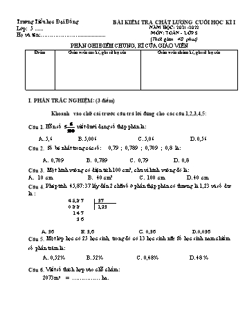 Bài kiểm tra chất lượng cuối học kì I môn Toán Lớp 5 - Năm học 2021-2022 - Trường Tiểu học Đại Đồng (Có đáp án)