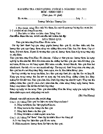 Bài kiểm tra chất lượng cuối kì I môn Tiếng Việt Lớp 5 - Năm học 2021-2022 - Trường Tiểu học Thượng Lộc (Có đáp án)