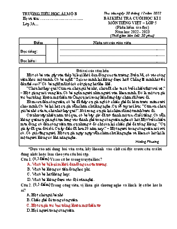 Bài kiểm tra cuối học kì 1 môn Tiếng Việt Lớp 5 - Năm học 2022-2023 - Trường Tiểu học Ái Mộ B (Có đáp án)