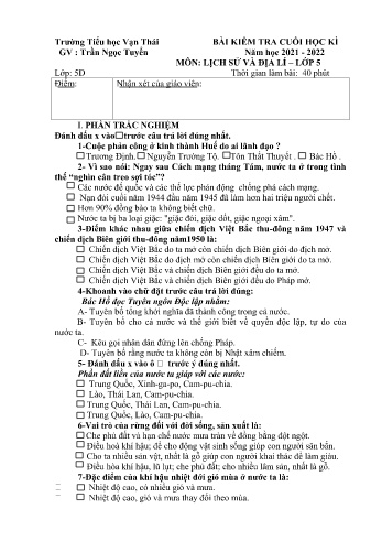 Bài kiểm tra cuối học kì I môn Lịch sử và Địa lí Lớp 5 - Năm học 2021-2022 - Trường Tiểu học Vạn Thái (Có đáp án)