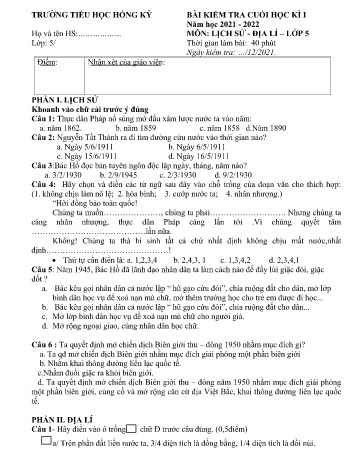 Bài kiểm tra cuối học kì I môn Lịch sử và Địa lí Lớp 5 - Năm học 2021-2022 - Trường Tiểu học Hồng Kỳ (Có đáp án)