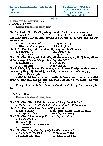 Bài kiểm tra cuối kì I môn Lịch sử và Địa lí Lớp 5 - Năm học 2021-2022 - Trường Tiểu học Kim Đồng (Có đáp án)