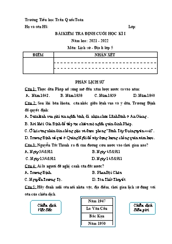 Bài kiểm tra định kì cuối học kì I môn Lịch sử & Địa lí Lớp 5 - Năm học 2021-2022 - Trường Tiểu học Trần Quốc Toản (Có đáp án)