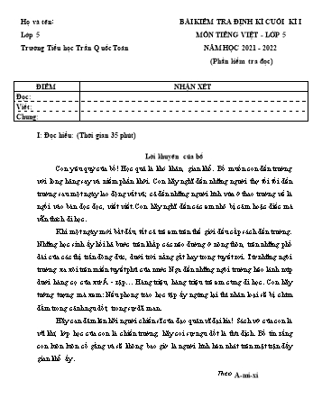 Bài kiểm tra định kì cuối kì I môn Tiếng Việt Lớp 5 - Năm học 2021-2022 - Trường Tiểu học Trần Quốc Toản (Có đáp án)
