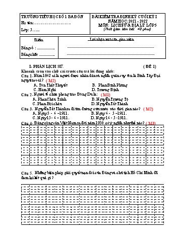 Bài kiểm tra định kỳ cuối kỳ I môn Lịch sử và Địa lí Lớp 5 - Năm học 2021-2022 - Trường Tiểu học Số 1 Ba Đồn (Có đáp án)