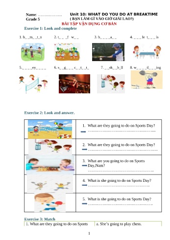 Bài tập ngữ pháp Tiếng Anh Lớp 5 - Unit 10: What do you do at breaktime?