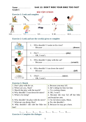Bài tập ngữ pháp Tiếng Anh Lớp 5 - Unit 12: Don’t ride your bike too fast