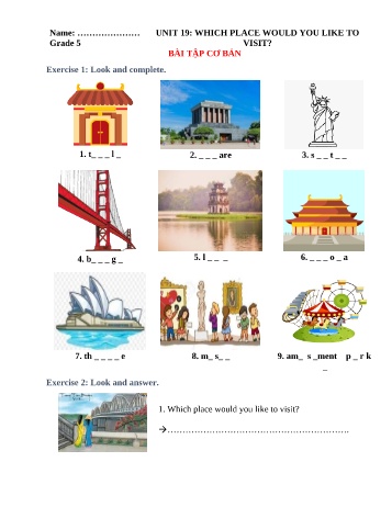 Bài tập ngữ pháp Tiếng Anh Lớp 5 - Unit 19: Which place would you like to visit?