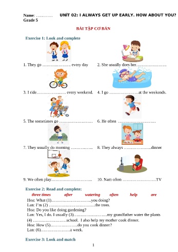 Bài tập ngữ pháp Tiếng Anh Lớp 5 - Unit 2: I always get up early. How about you?