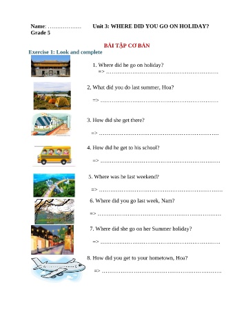 Bài tập ngữ pháp Tiếng Anh Lớp 5 - Unit 3: Where did you go on holiday?