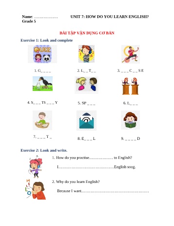 Bài tập ngữ pháp Tiếng Anh Lớp 5 - Unit 7: How do you learn english?