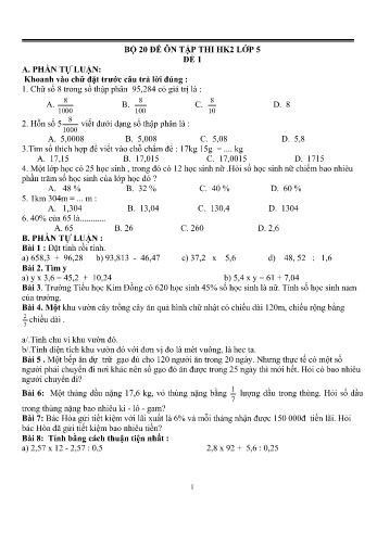 Bộ 20 đề ôn tập thi học kì 2 môn Toán Lớp 5