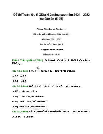 Bộ 5 đề khảo sát chất lượng giữa học kì 2 môn Toán Lớp 5 - Năm học 2021-2022 (Có đáp án)