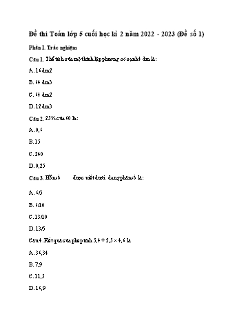Bộ 5 đề thi học kì 2 môn Toán Lớp 5 - Năm học 2022-2023