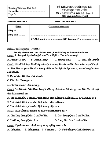 Đề kiểm tra cuối học kì I môn Lịch sử và Địa lí Lớp 5 - Năm học 2021-2022 - Trường Tiểu học Phú Đa 3 (Có đáp án)