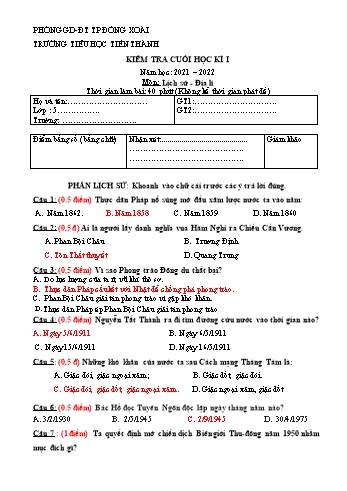 Đề kiểm tra cuối học kì I môn Lịch sử và Địa lí Lớp 5 - Năm học 2021-2022 - Trường Tiểu học Tiến Thành (Có đáp án)