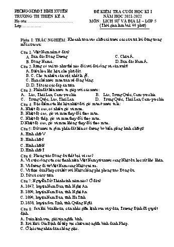 Đề kiểm tra cuối học kì I môn Lịch sử và Địa lí Lớp 5 - Năm học 2021-2022 - Trường Tiểu học Thiện Kế A