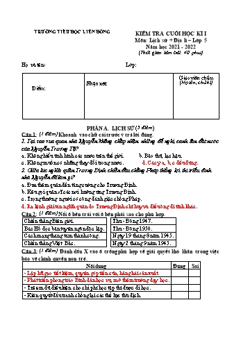 Đề kiểm tra cuối học kì I môn Lịch sử và Địa lí Lớp 5 - Năm học 2021-2022 - Trường Tiểu học Liên Hồng (Có đáp án)