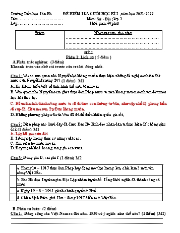 Đề kiểm tra cuối học kì I môn Lịch sử và Địa lí Lớp 5 - Năm học 2021-2022 - Trường Tiểu học Tân Hà (Có đáp án)