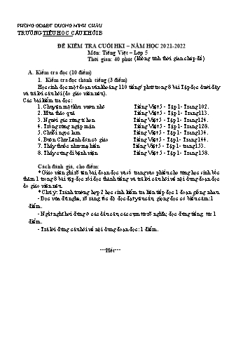 Đề kiểm tra cuối học kì I môn Tiếng Việt Lớp 5 - Năm học 2021-2022 - Trường Tiểu học Cầu Khởi B (Có đáp án)
