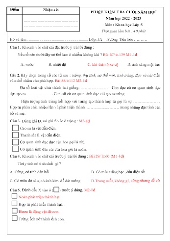 Đề kiểm tra cuối học kì II môn Khoa học Lớp 5 - Năm học 2022-2023 - Đề 4 (Có đáp án)