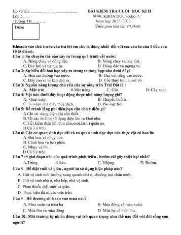 Đề kiểm tra cuối học kì II môn Khoa học Lớp 5 - Năm học 2022-2023 - Đề 10 (Có đáp án)