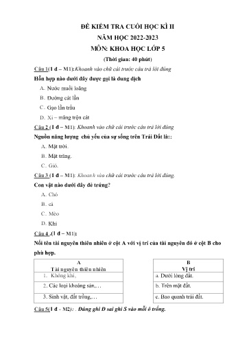 Đề kiểm tra cuối học kì II môn Khoa học Lớp 5 - Năm học 2022-2023 - Đề 9 (Có đáp án)