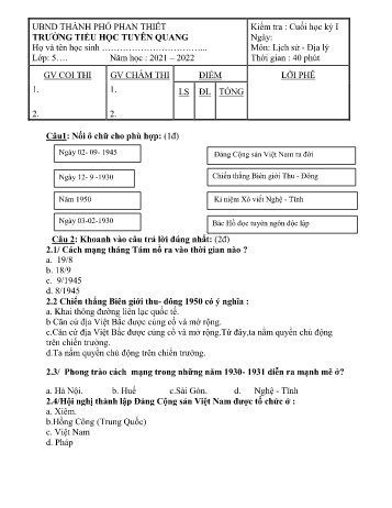Đề kiểm tra cuối học kỳ 1 môn Lịch sử và Địa lí Lớp 5 - Năm học 2021-2022 - Trường Tiểu học Tuyên Quang (Có đáp án)